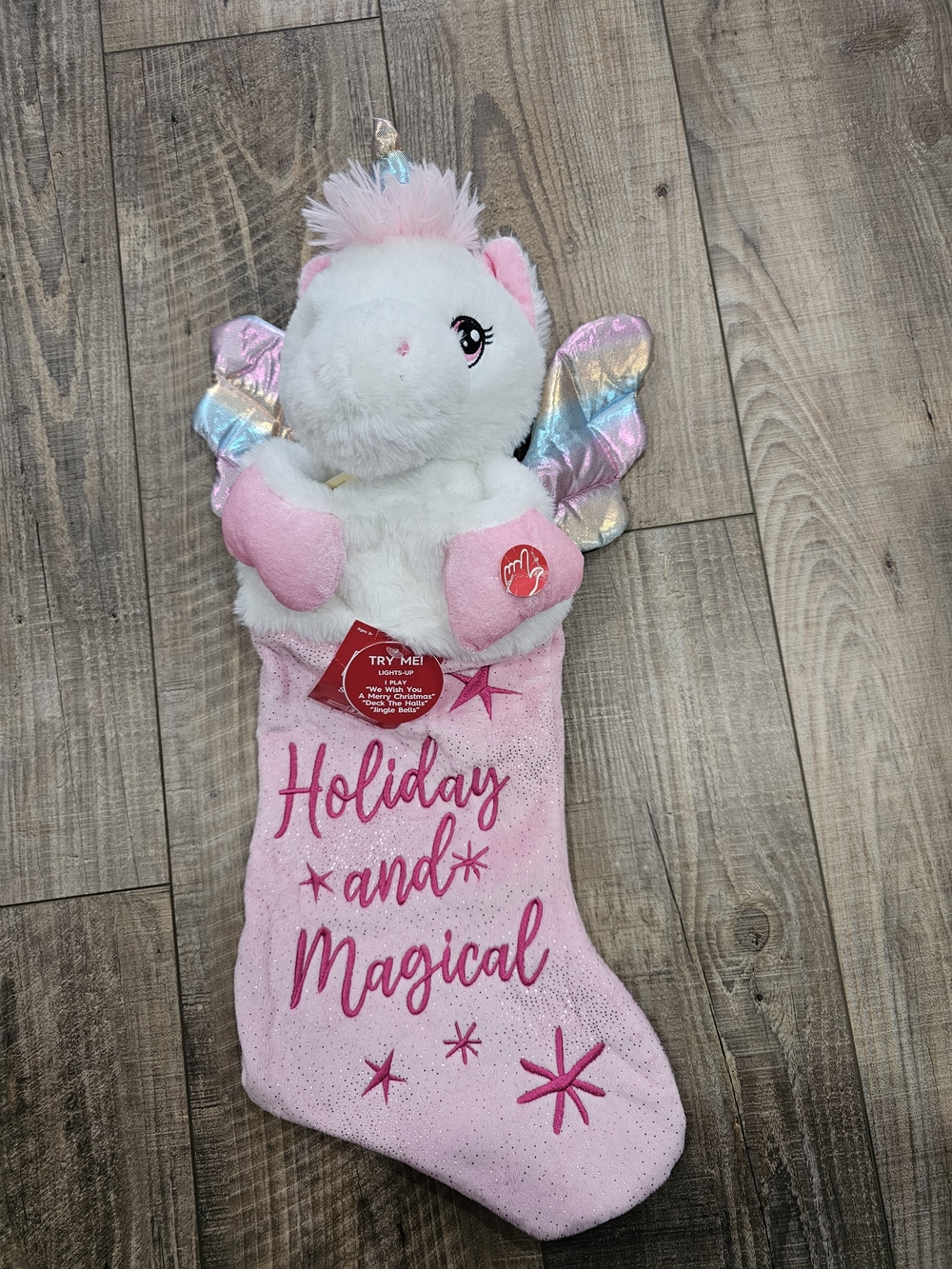 Unicorn Christmas Musical Stocking Lights Up Pink White New Holiday Gift Decor